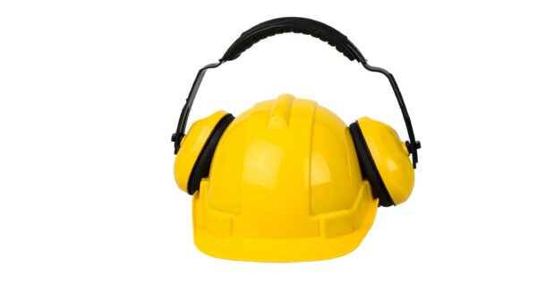 Safety Helmet with Attached Ear Protection - Yellow, Adjustable, ANSI Compliant